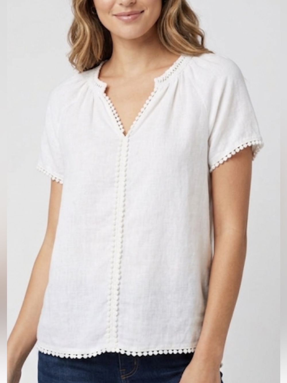 Alessia Pacini Italy White Linen Blouse with Pom Pom Lace Trim Size S